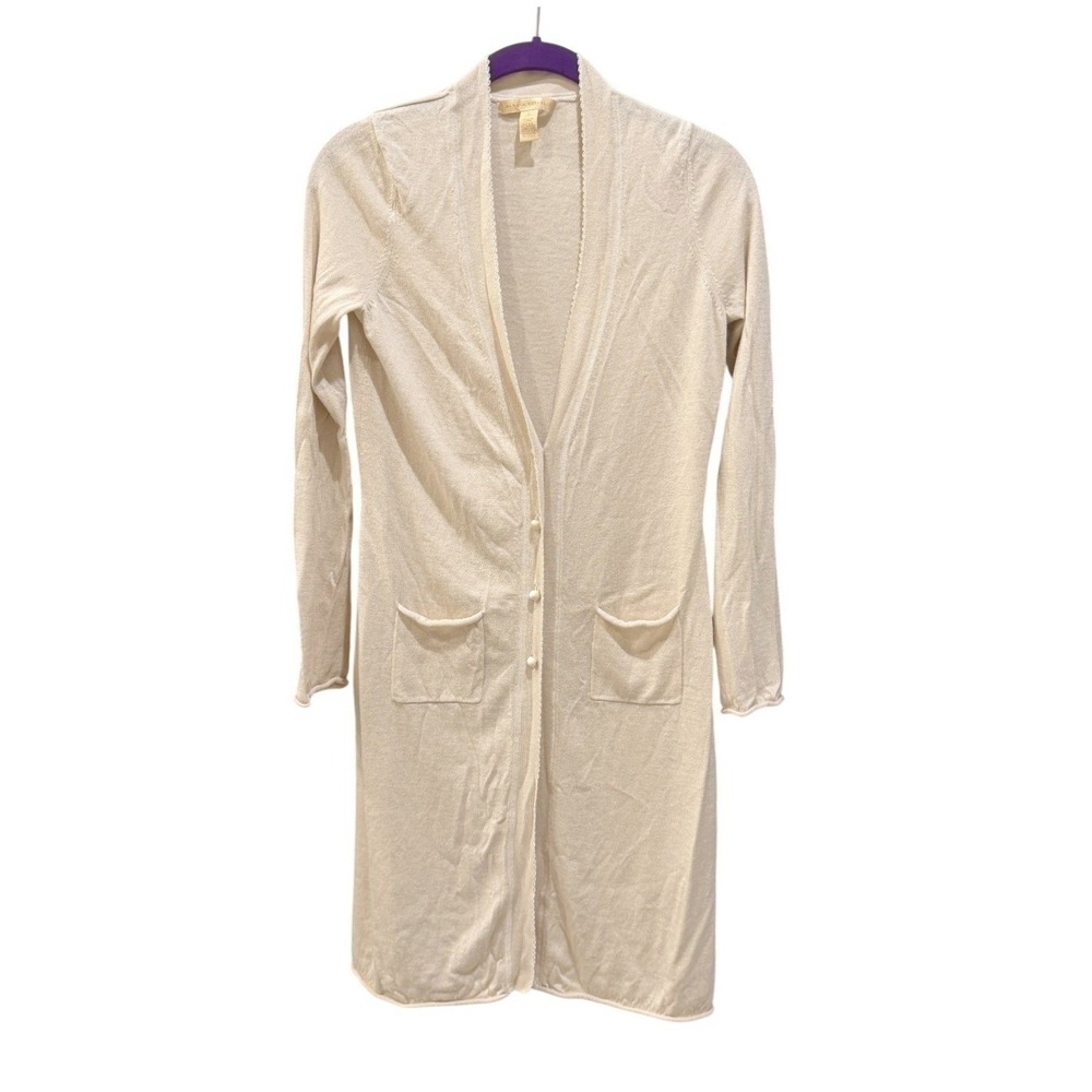 VTG Banana Republic Small Cream Silk Angora Wool Long Duster Cardigan Sweater
